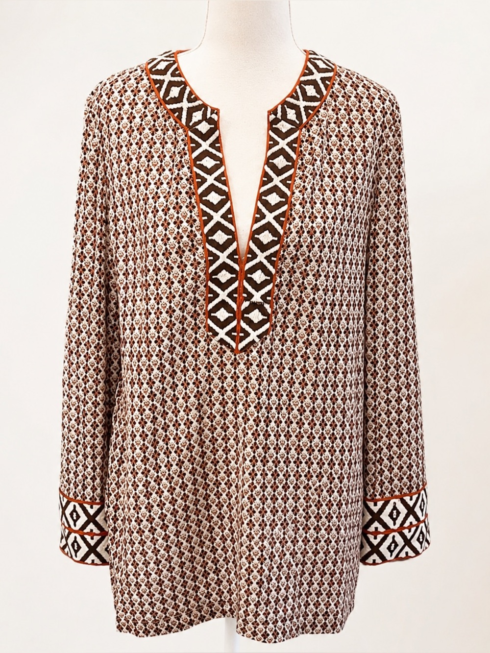 Tory Burch VGUC Printed Cotton Tunic Brown Ivory Size 10 Boho Resort